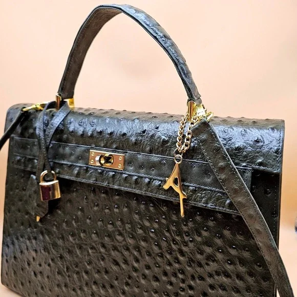 Andalossi Ostrich Embossed Leather Satchel Handbag With Lock‎ Charm and Dust Bag